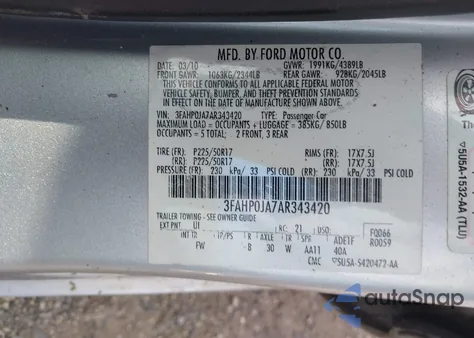 2010 Ford Fusion Sel z USA, uszkodzony, nr VIN 3FAHP0JA7AR343420